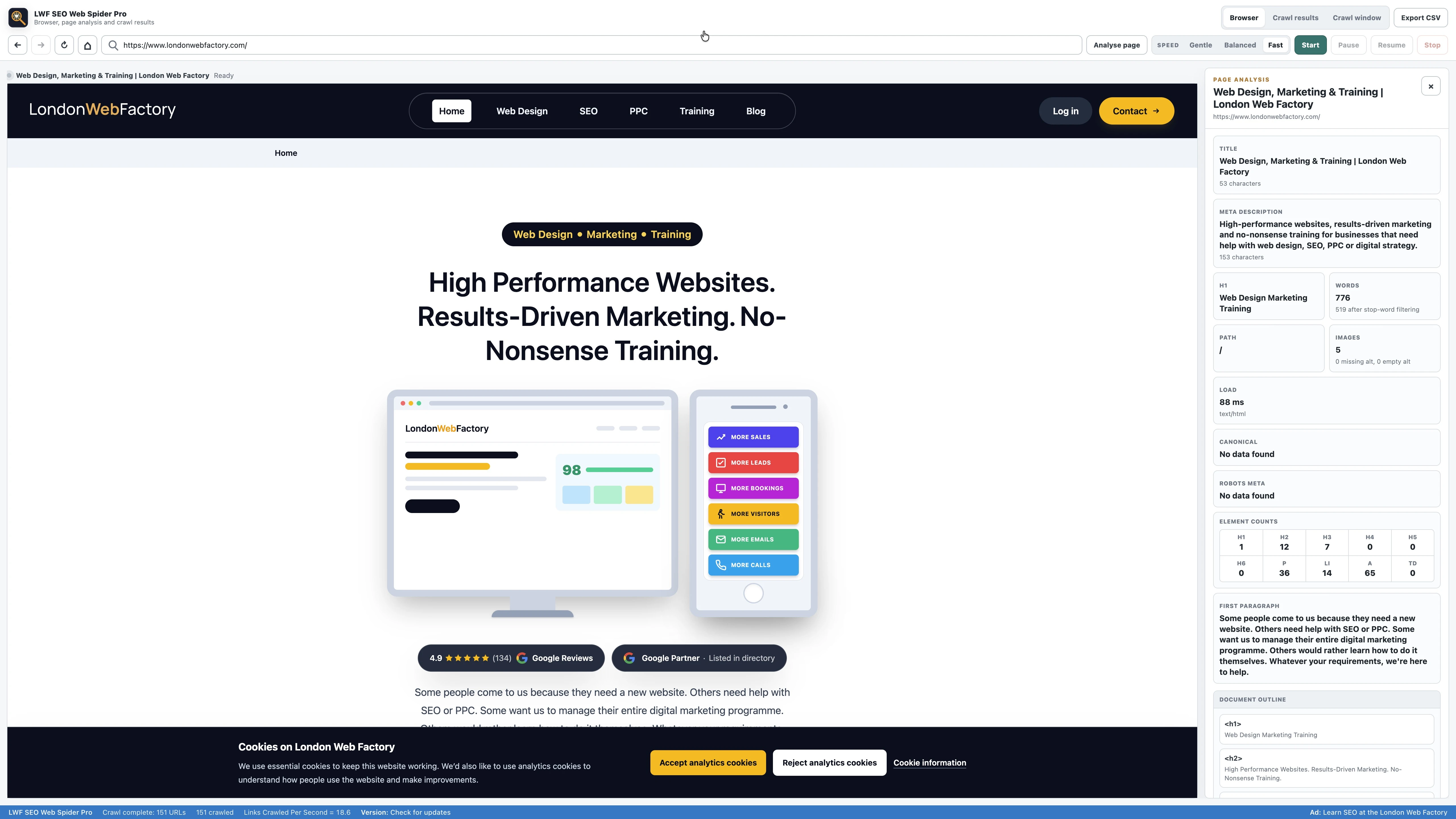SEO Web Spider's integrated browser showing a rendered page beside its individual SEO analysis.
