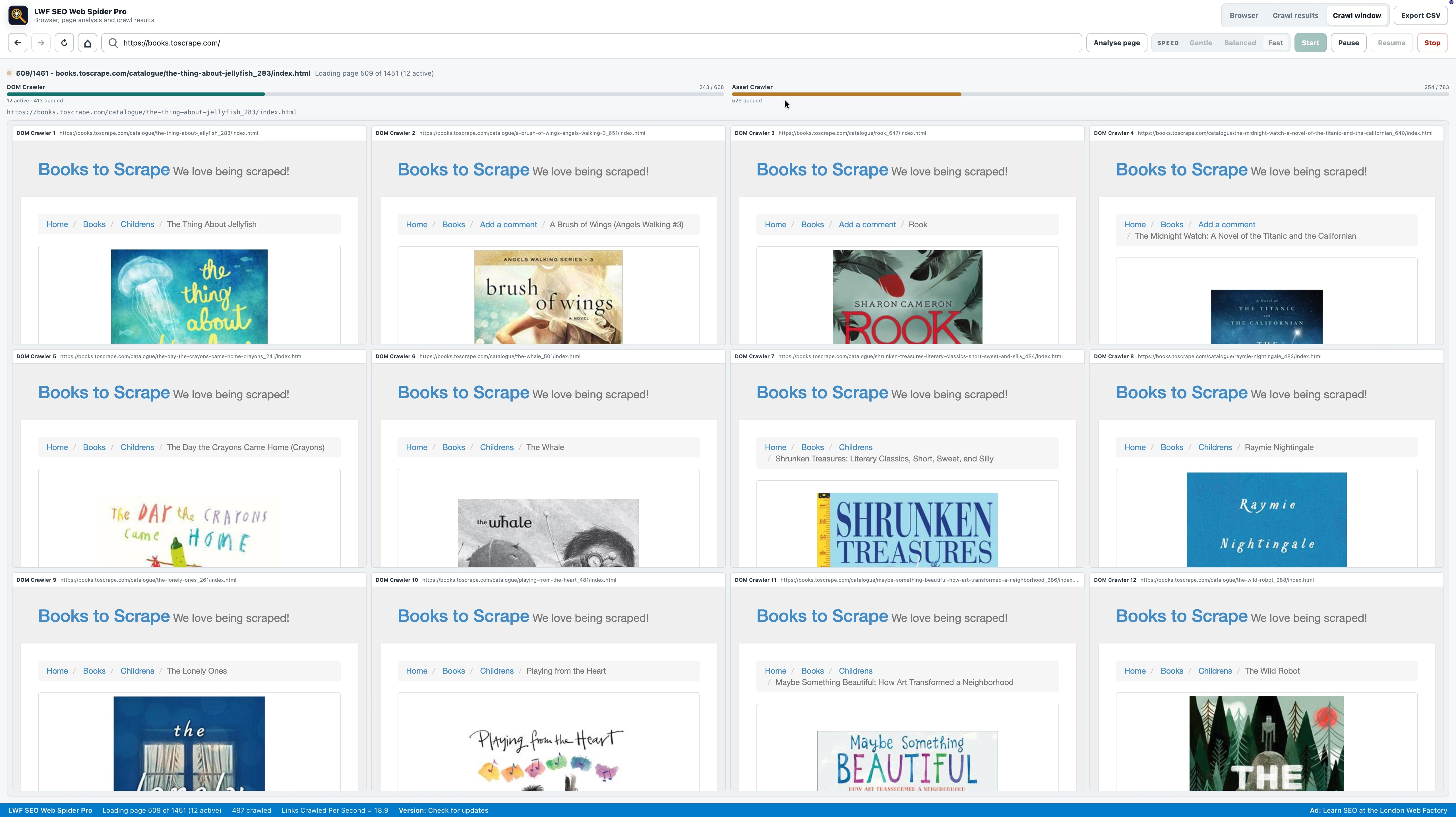 SEO Web Spider showing rendered pages as a website crawl progresses.